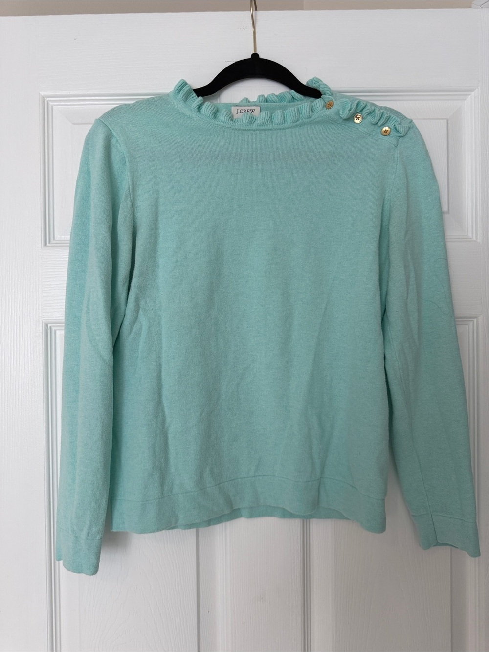 J. Crew Mint Green Ruffle-Neck Sweater with Gold Shoulder Buttons